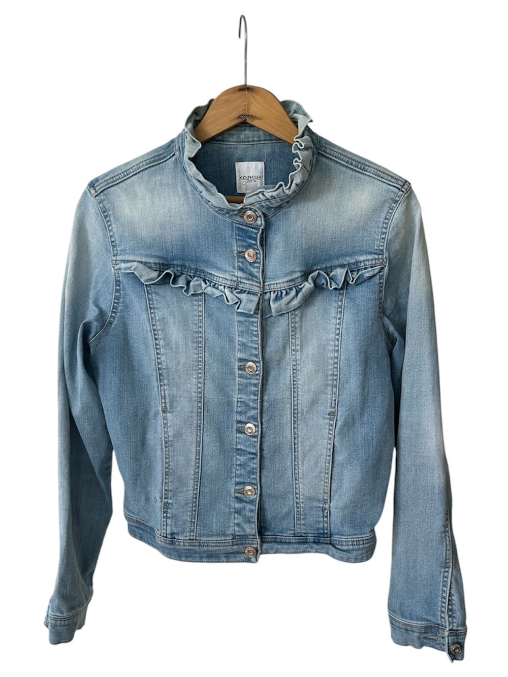 Kensie | Women’s Light Blue Ruffled Button Front Denim Jean Jacket Size M